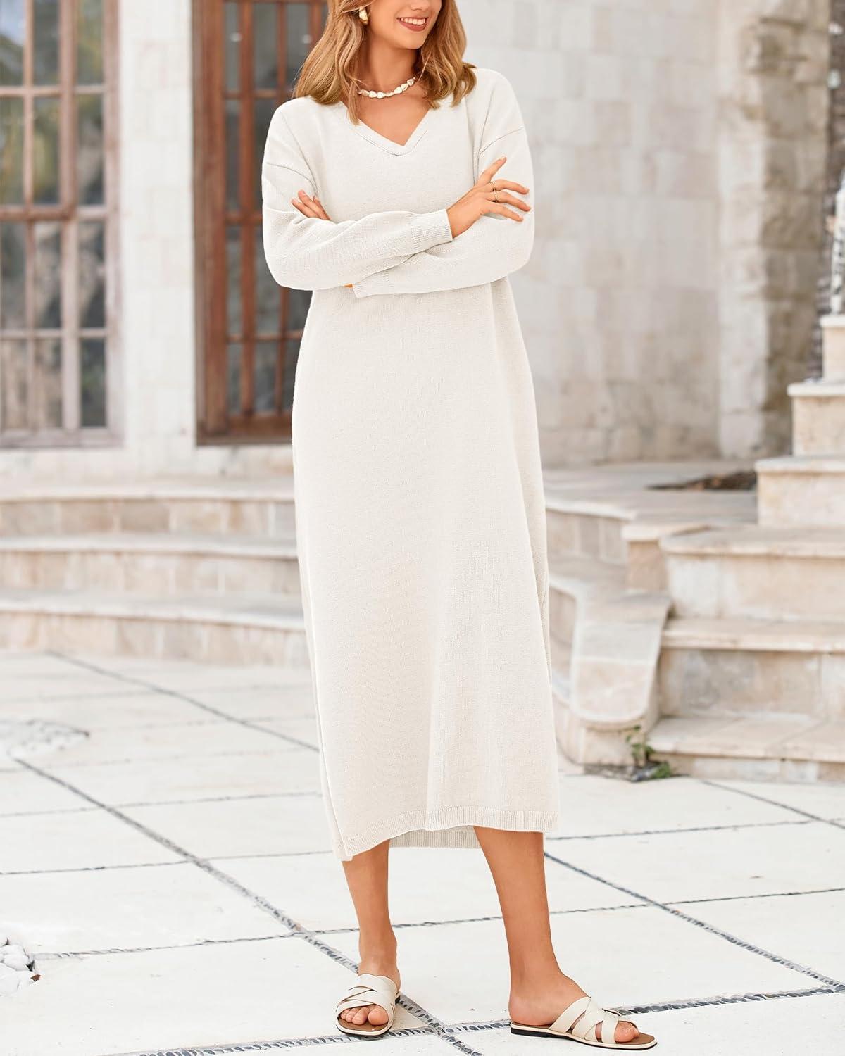 imageBTFBM Womens Fall Fashion 2025 Sweater Dress Casual V Neck Long Sleeve Slit Knit Oversized Sweaters Winter Maxi DressesWhite