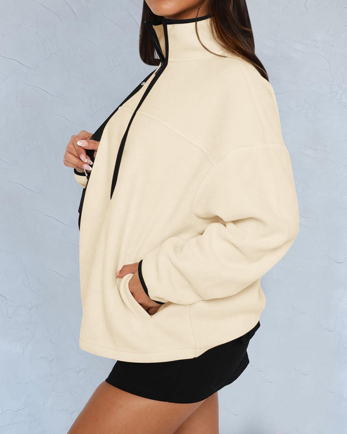 imageBTFBM Womens Fleece Jackets Fall Winter Clothes 2025 Stand Collar Outwear Jacket Zip Up Casual Fuzzy Coats PocketsApricot