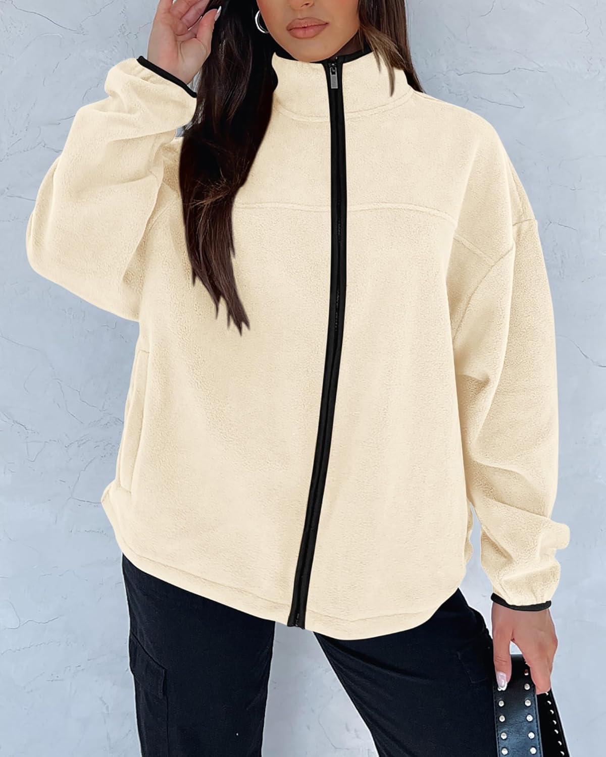 imageBTFBM Womens Fleece Jackets Fall Winter Clothes 2025 Stand Collar Outwear Jacket Zip Up Casual Fuzzy Coats PocketsApricot