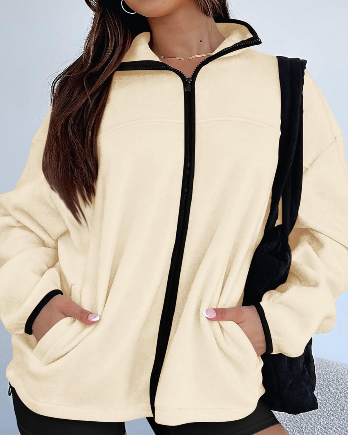 imageBTFBM Womens Fleece Jackets Fall Winter Clothes 2025 Stand Collar Outwear Jacket Zip Up Casual Fuzzy Coats PocketsApricot