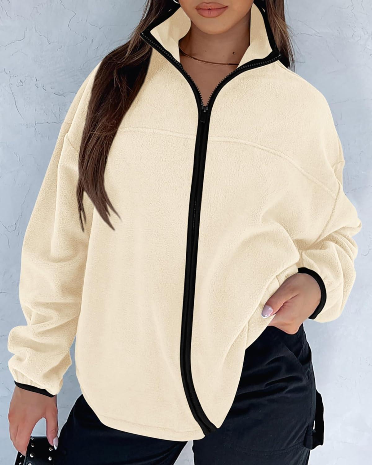 imageBTFBM Womens Fleece Jackets Fall Winter Clothes 2025 Stand Collar Outwear Jacket Zip Up Casual Fuzzy Coats PocketsApricot