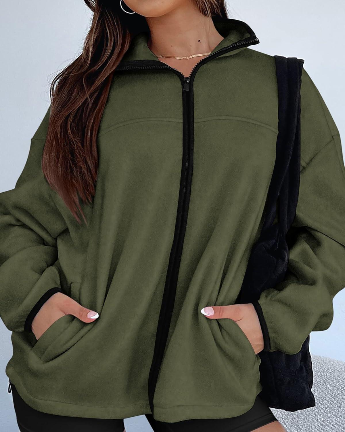 imageBTFBM Womens Fleece Jackets Fall Winter Clothes 2025 Stand Collar Outwear Jacket Zip Up Casual Fuzzy Coats PocketsArmy Green
