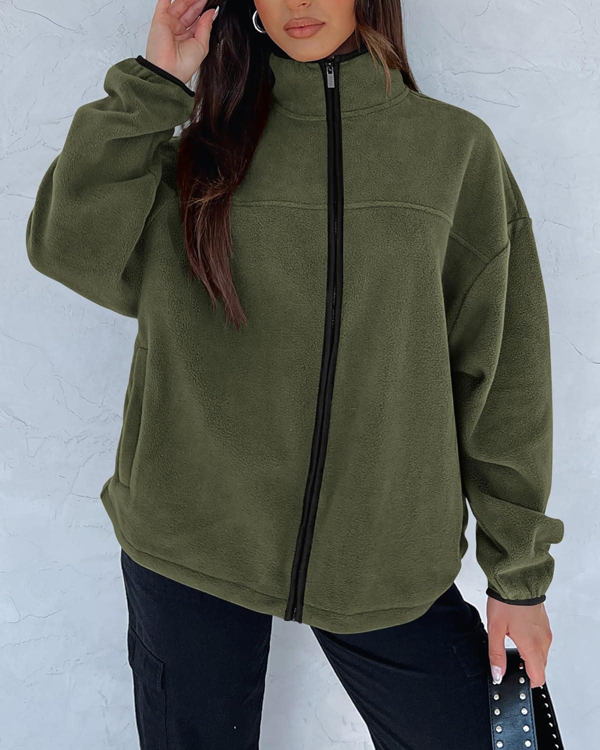 imageBTFBM Womens Fleece Jackets Fall Winter Clothes 2025 Stand Collar Outwear Jacket Zip Up Casual Fuzzy Coats PocketsArmy Green