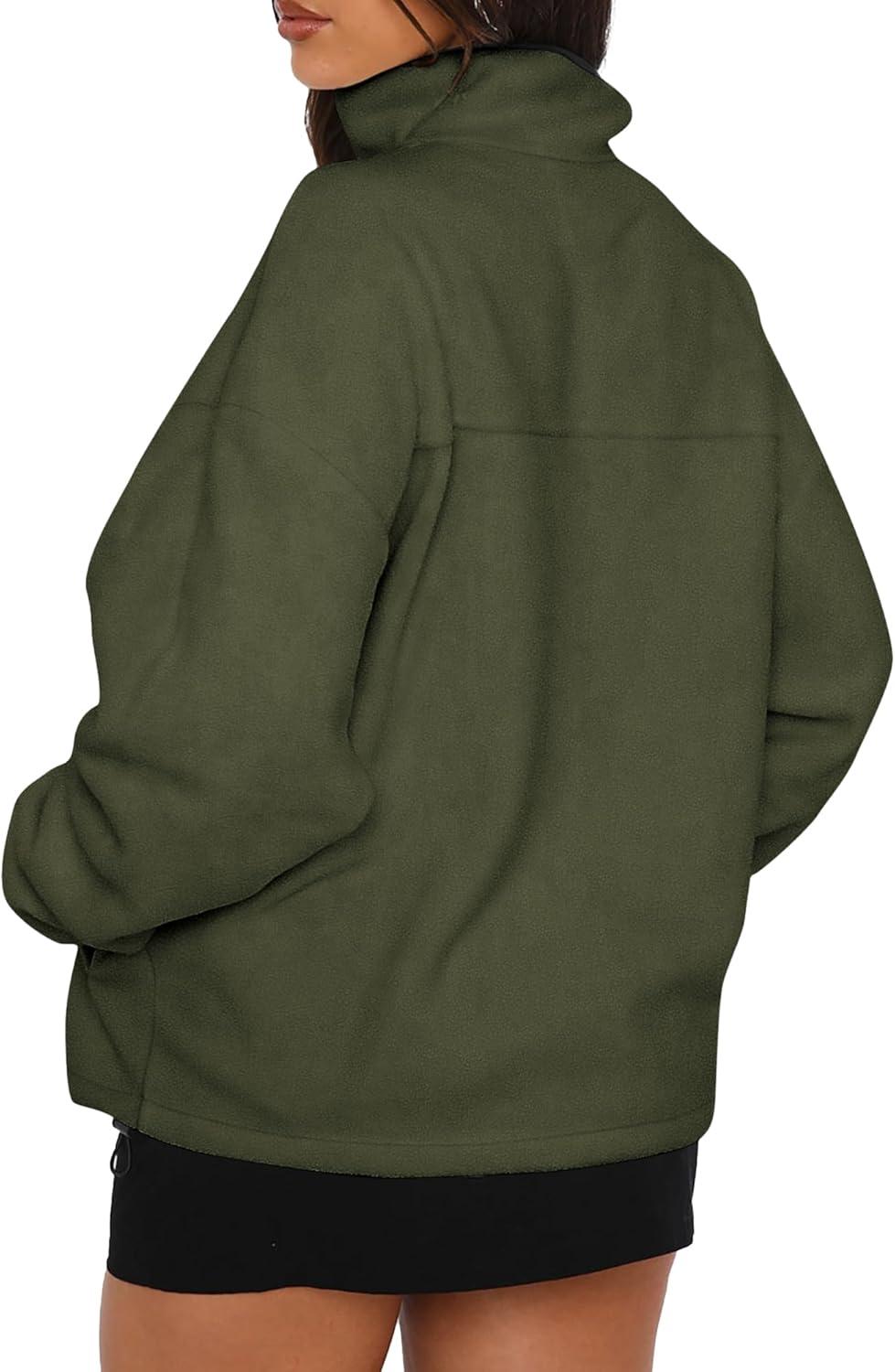 imageBTFBM Womens Fleece Jackets Fall Winter Clothes 2025 Stand Collar Outwear Jacket Zip Up Casual Fuzzy Coats PocketsArmy Green