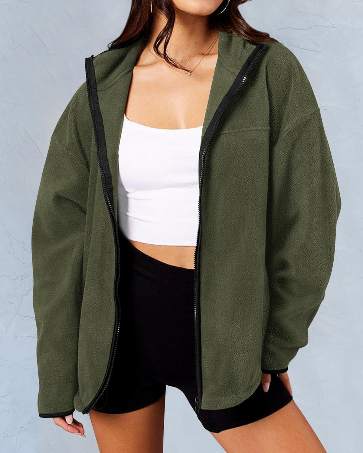 imageBTFBM Womens Fleece Jackets Fall Winter Clothes 2025 Stand Collar Outwear Jacket Zip Up Casual Fuzzy Coats PocketsArmy Green