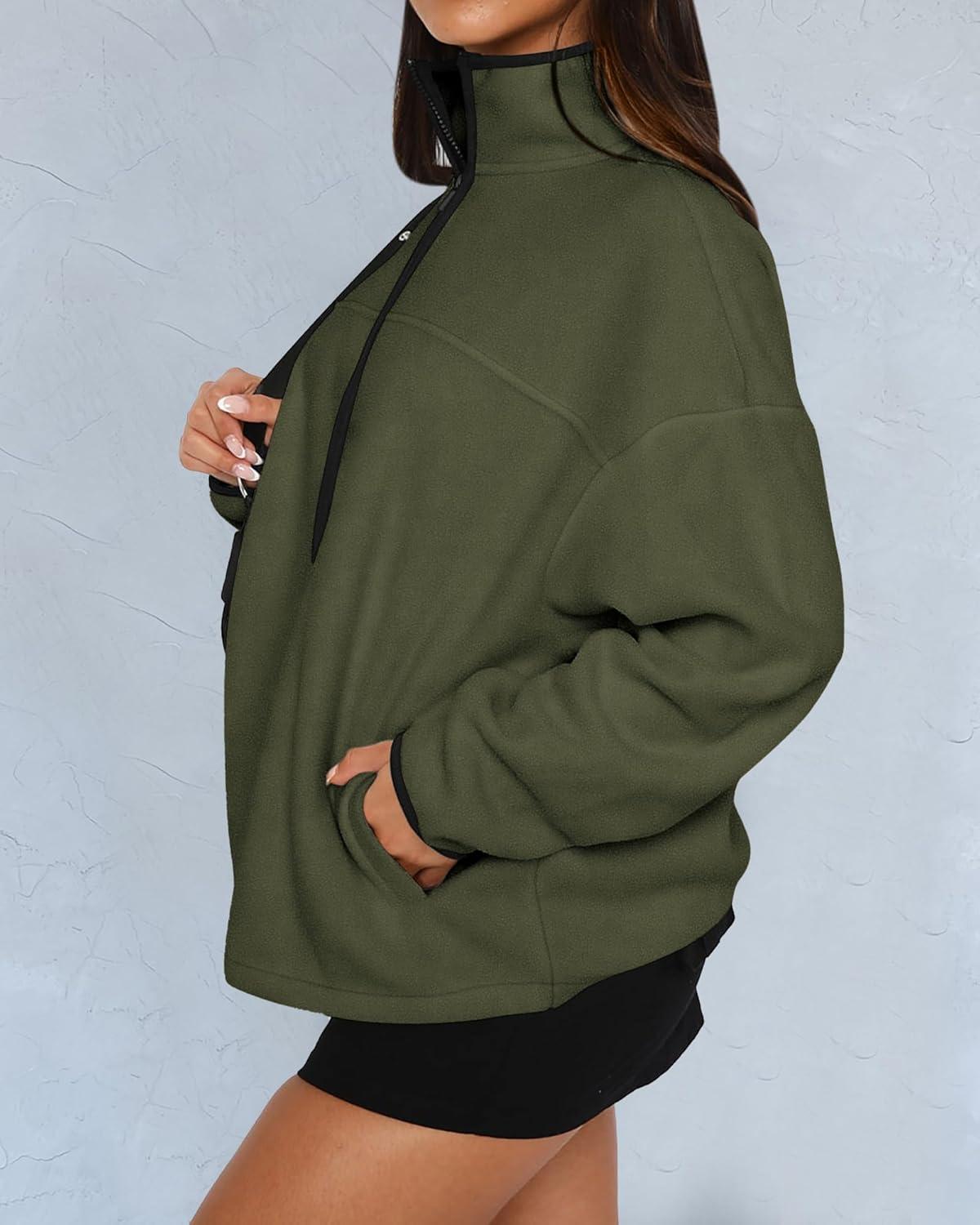 imageBTFBM Womens Fleece Jackets Fall Winter Clothes 2025 Stand Collar Outwear Jacket Zip Up Casual Fuzzy Coats PocketsArmy Green