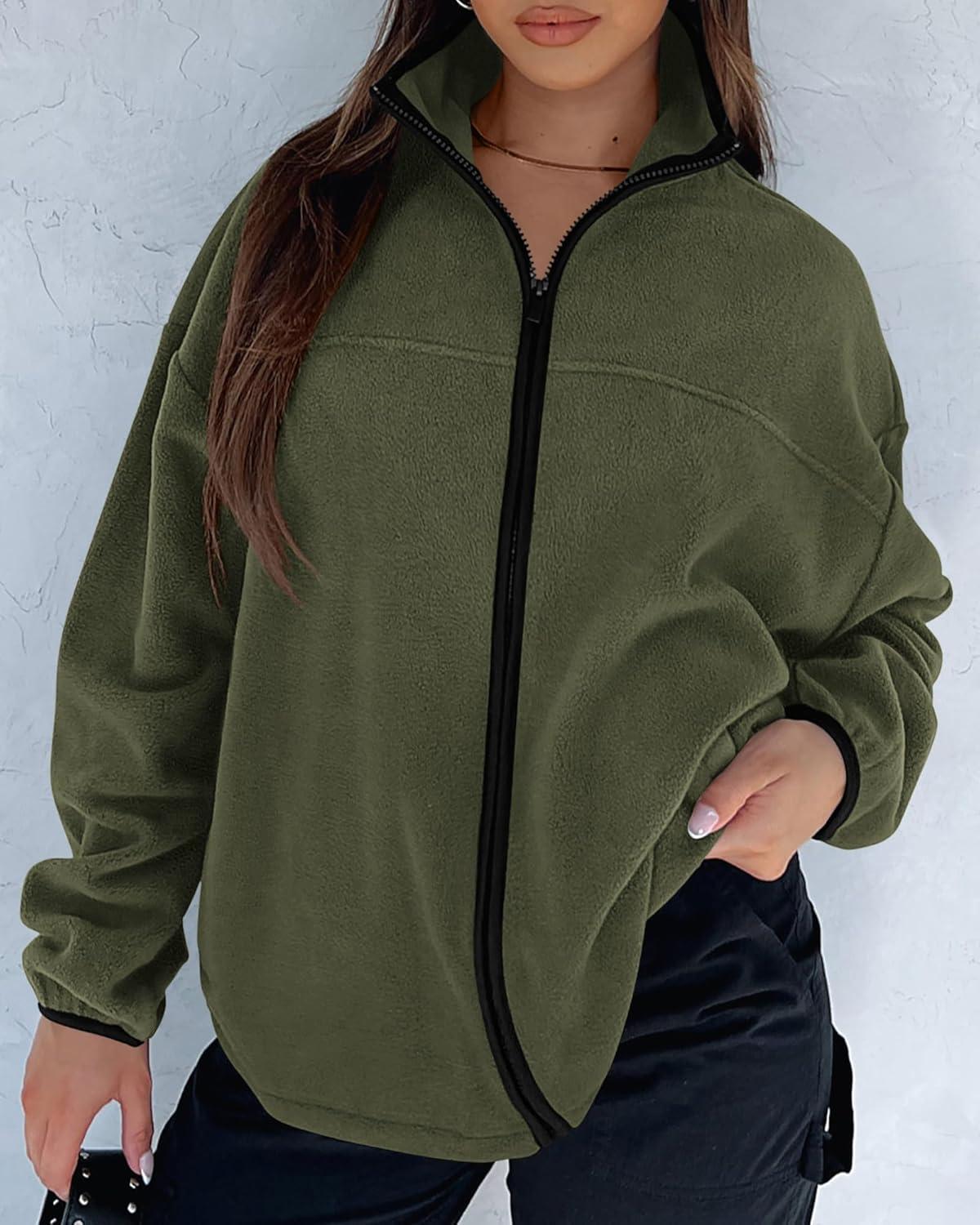 imageBTFBM Womens Fleece Jackets Fall Winter Clothes 2025 Stand Collar Outwear Jacket Zip Up Casual Fuzzy Coats PocketsArmy Green