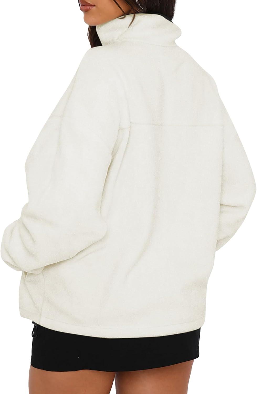 imageBTFBM Womens Fleece Jackets Fall Winter Clothes 2025 Stand Collar Outwear Jacket Zip Up Casual Fuzzy Coats PocketsBeige White