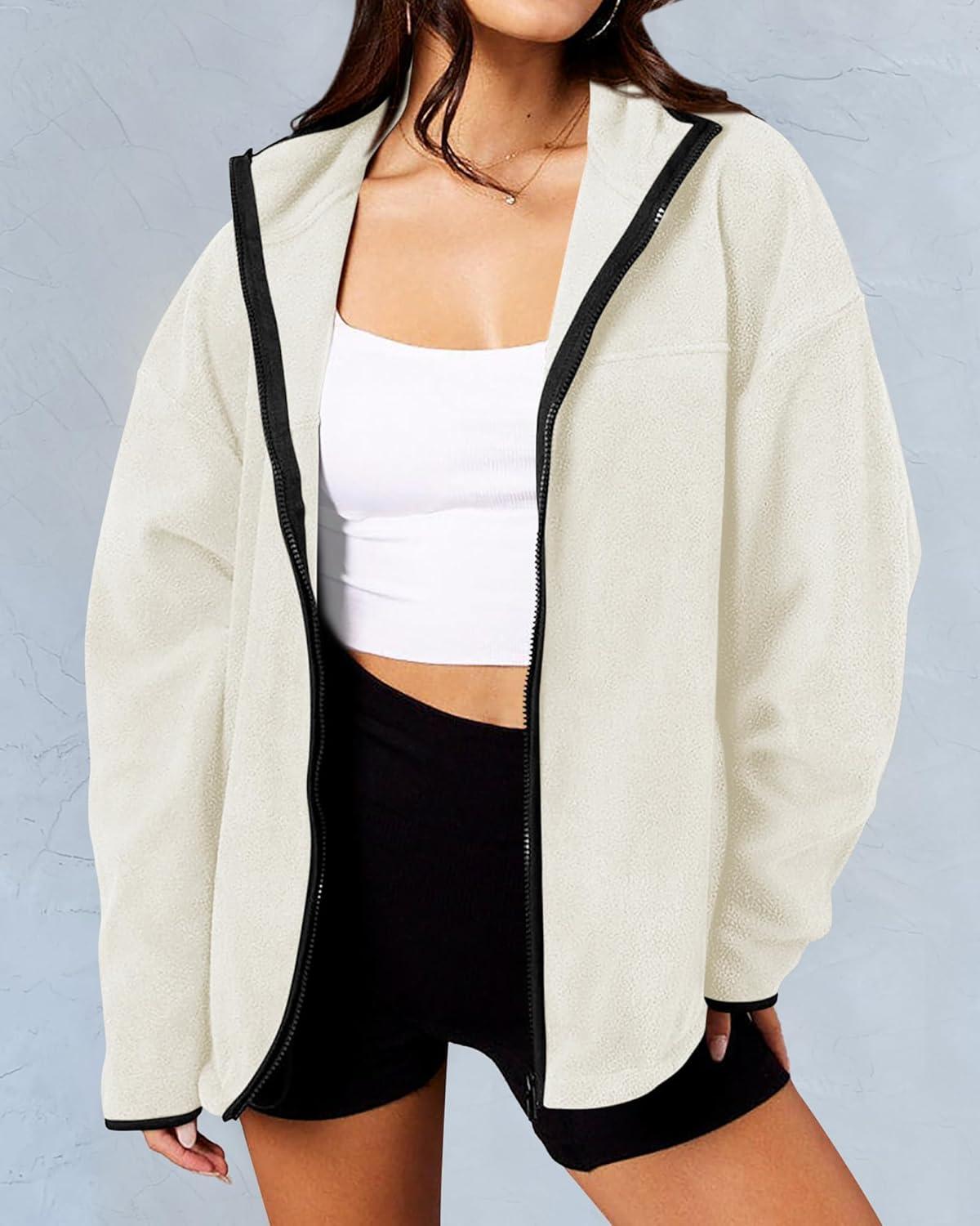 imageBTFBM Womens Fleece Jackets Fall Winter Clothes 2025 Stand Collar Outwear Jacket Zip Up Casual Fuzzy Coats PocketsBeige White