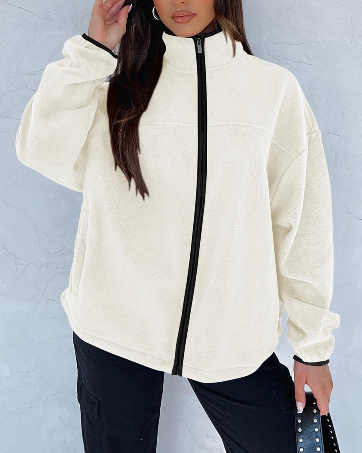 imageBTFBM Womens Fleece Jackets Fall Winter Clothes 2025 Stand Collar Outwear Jacket Zip Up Casual Fuzzy Coats PocketsBeige White