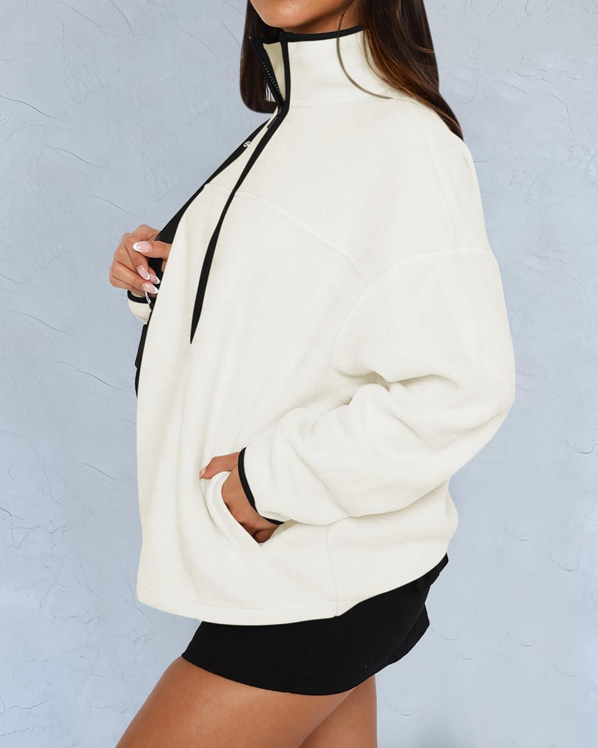 imageBTFBM Womens Fleece Jackets Fall Winter Clothes 2025 Stand Collar Outwear Jacket Zip Up Casual Fuzzy Coats PocketsBeige White