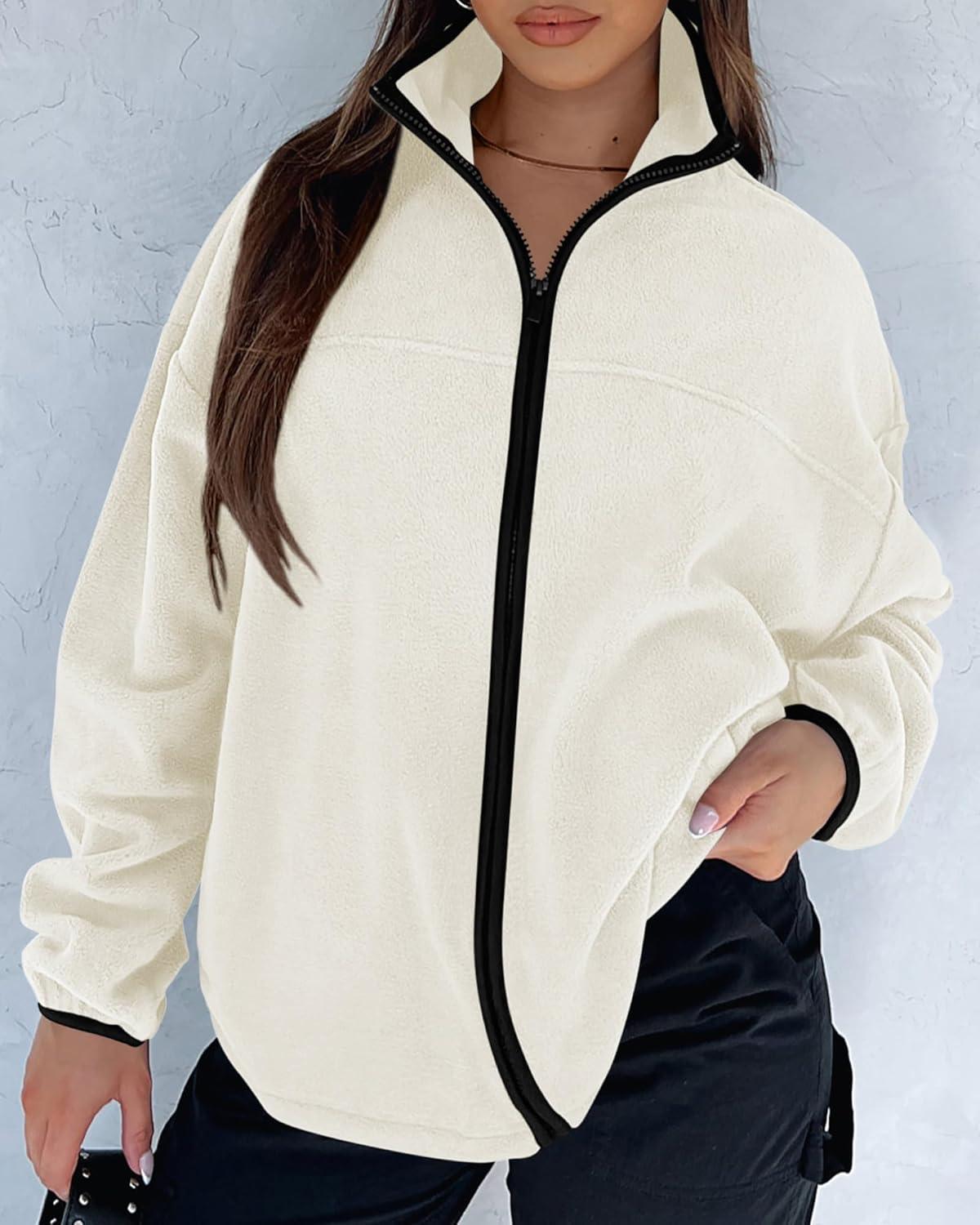 imageBTFBM Womens Fleece Jackets Fall Winter Clothes 2025 Stand Collar Outwear Jacket Zip Up Casual Fuzzy Coats PocketsBeige White
