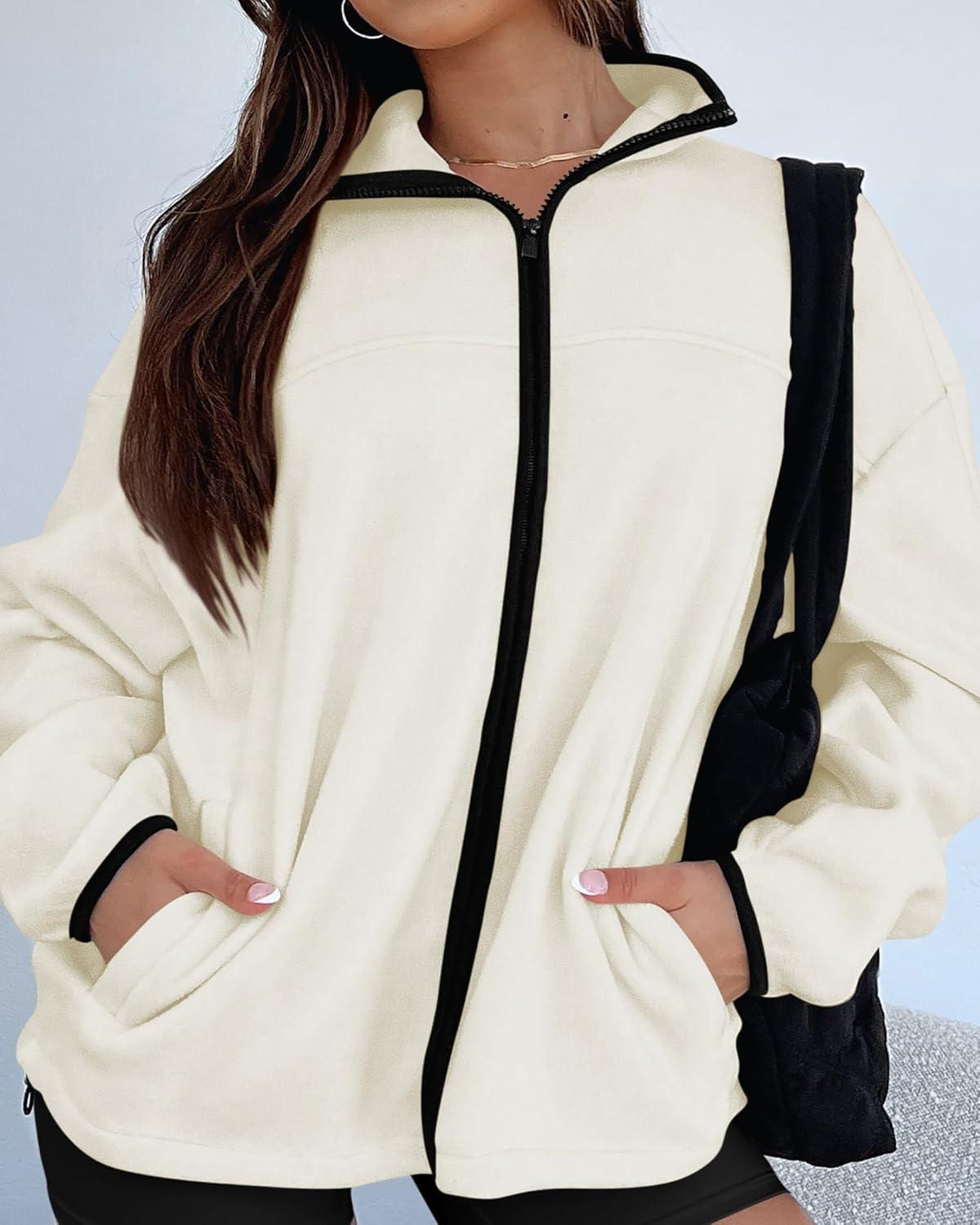 imageBTFBM Womens Fleece Jackets Fall Winter Clothes 2025 Stand Collar Outwear Jacket Zip Up Casual Fuzzy Coats PocketsBeige White