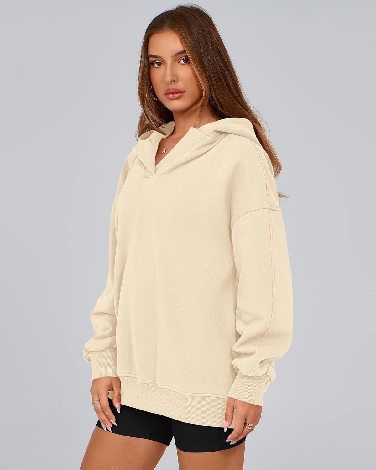 imageBTFBM Womens Oversized Hoodies Casual Fleece Long Sleeve V Neck Sweatshirts 2026 Trendy Fall Outfits Spring ClothesApricot