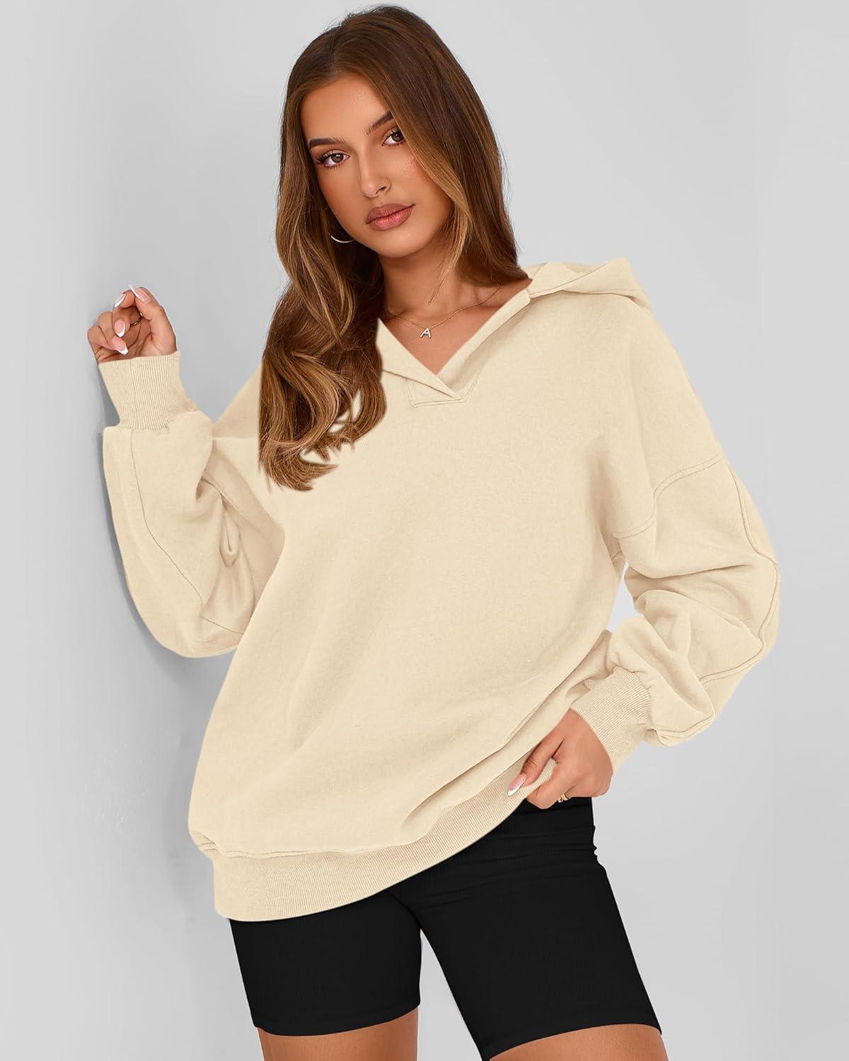 imageBTFBM Womens Oversized Hoodies Casual Fleece Long Sleeve V Neck Sweatshirts 2026 Trendy Fall Outfits Spring ClothesApricot
