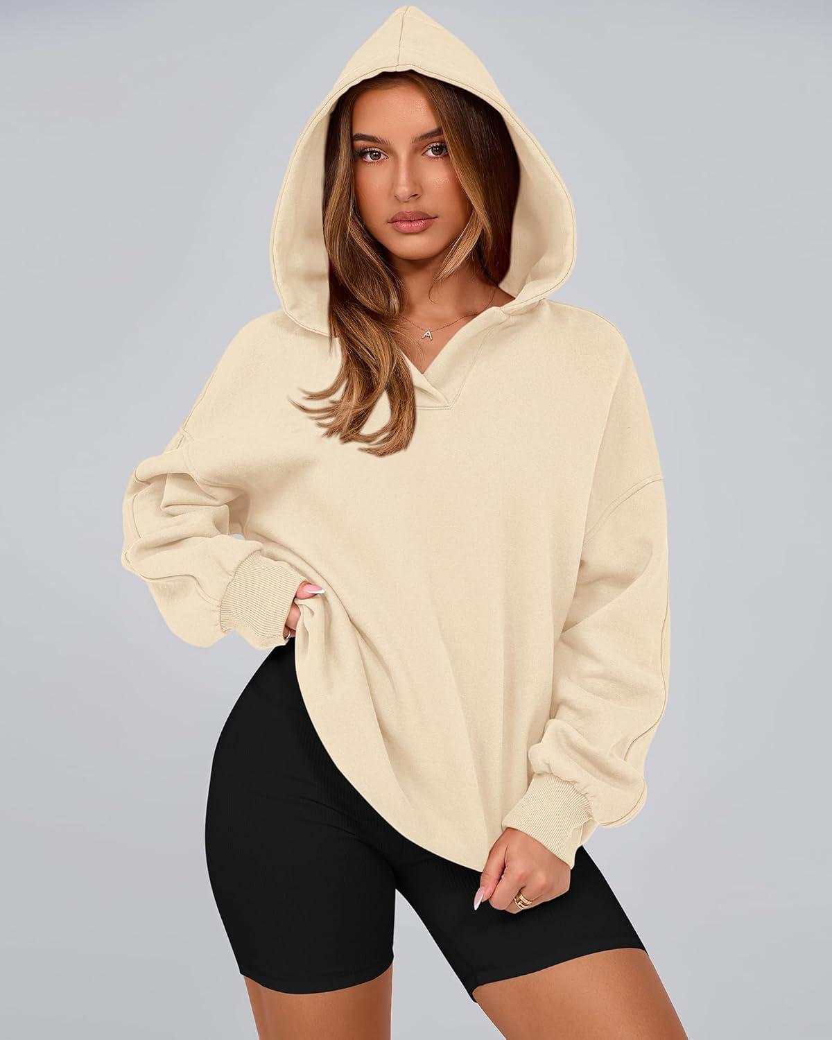 imageBTFBM Womens Oversized Hoodies Casual Fleece Long Sleeve V Neck Sweatshirts 2026 Trendy Fall Outfits Spring ClothesApricot