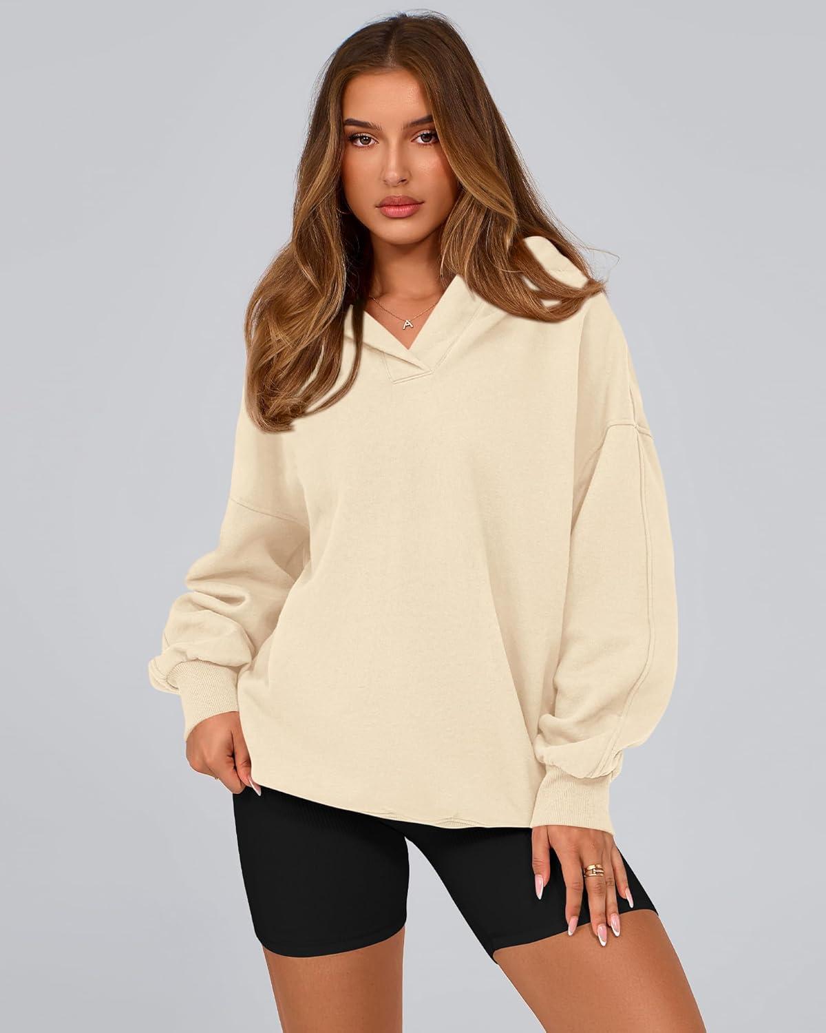 imageBTFBM Womens Oversized Hoodies Casual Fleece Long Sleeve V Neck Sweatshirts 2026 Trendy Fall Outfits Spring ClothesApricot