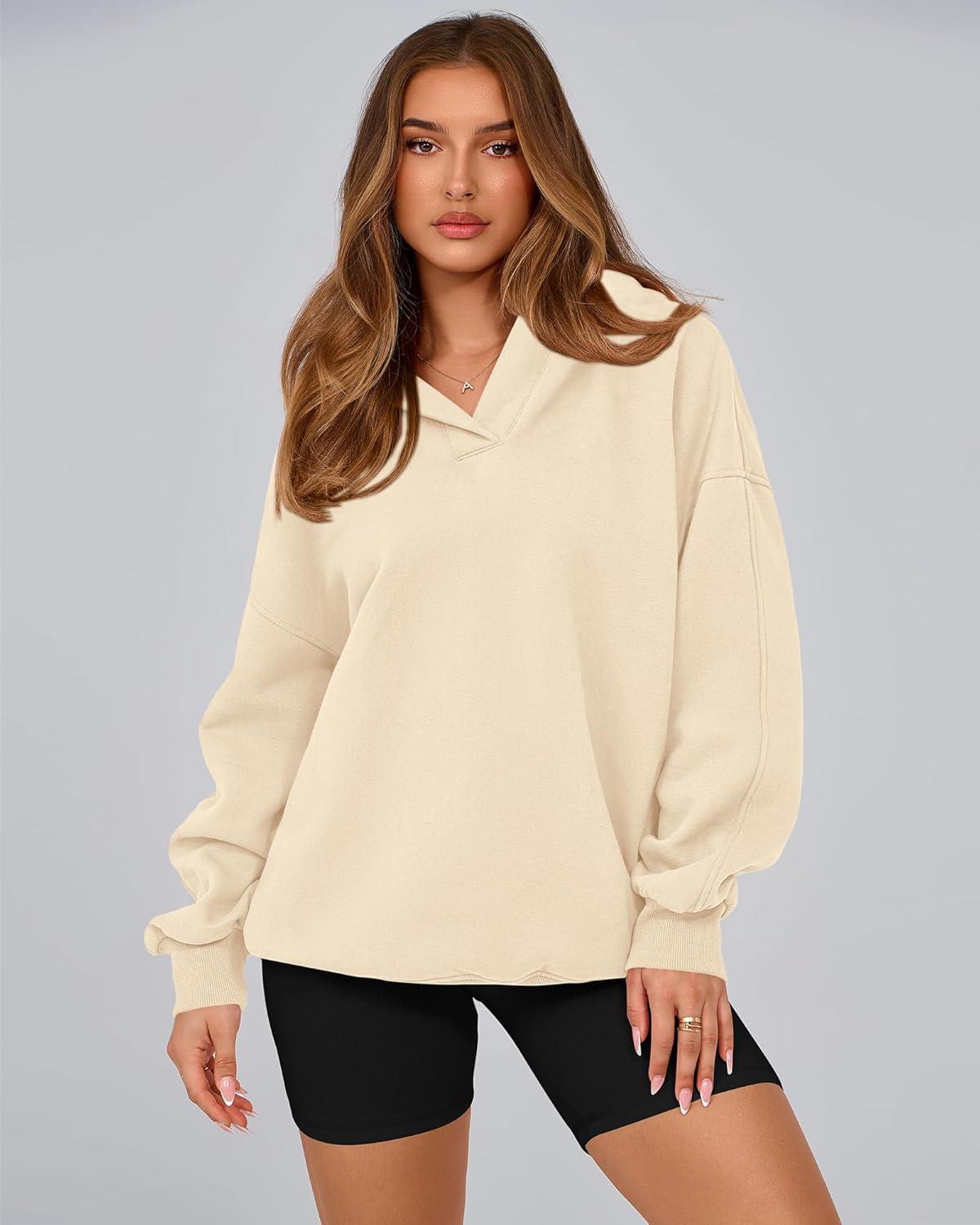 imageBTFBM Womens Oversized Hoodies Casual Fleece Long Sleeve V Neck Sweatshirts 2026 Trendy Fall Outfits Spring ClothesApricot