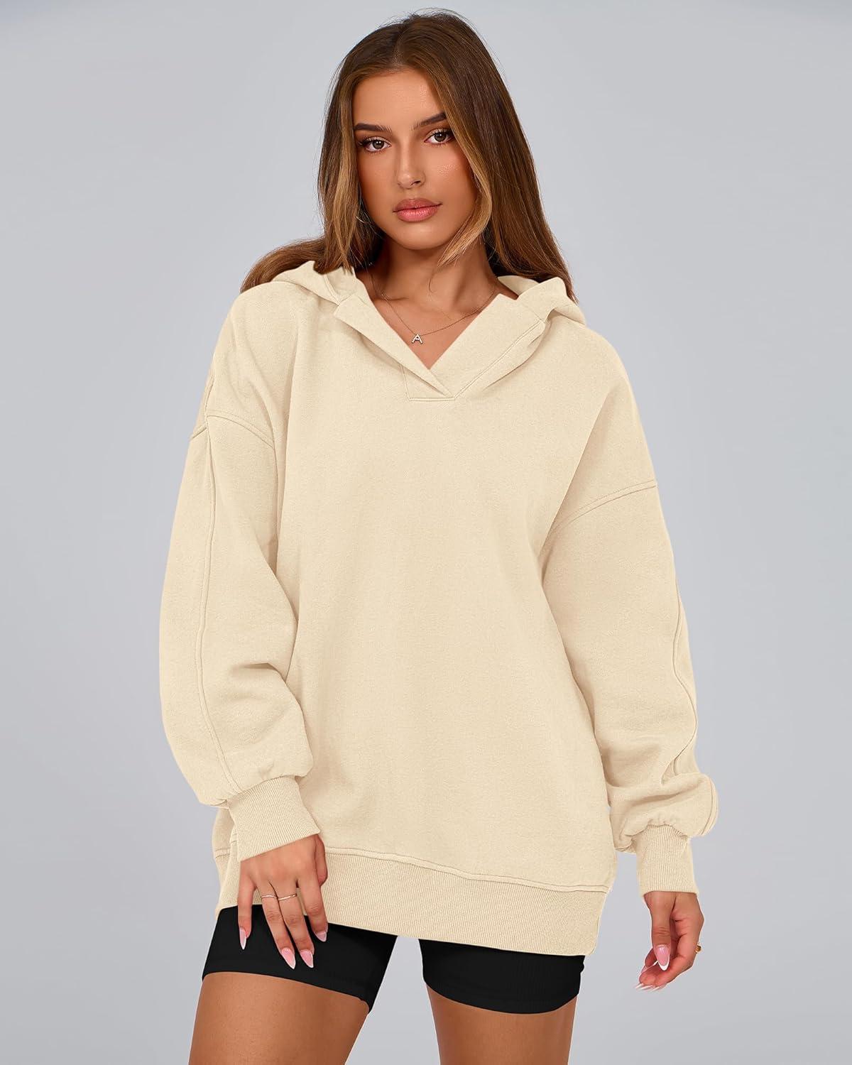 imageBTFBM Womens Oversized Hoodies Casual Fleece Long Sleeve V Neck Sweatshirts 2026 Trendy Fall Outfits Spring ClothesApricot