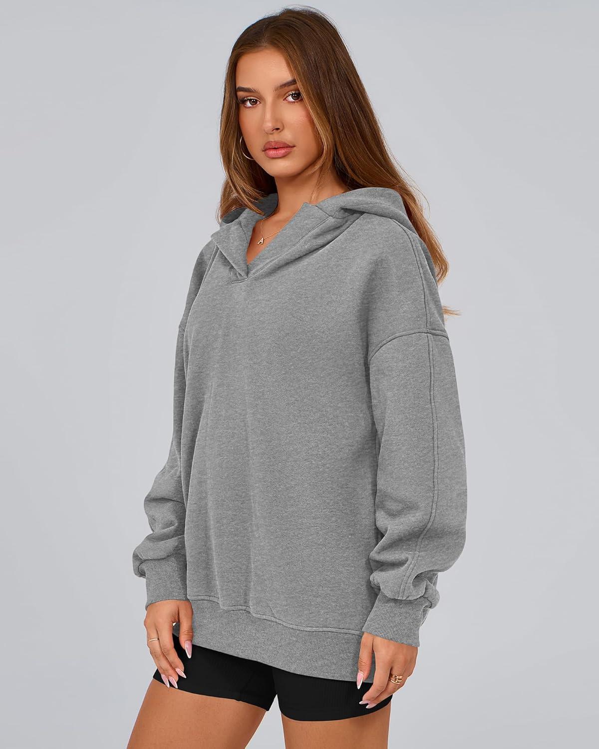 imageBTFBM Womens Oversized Hoodies Casual Fleece Long Sleeve V Neck Sweatshirts 2026 Trendy Fall Outfits Spring ClothesGrey