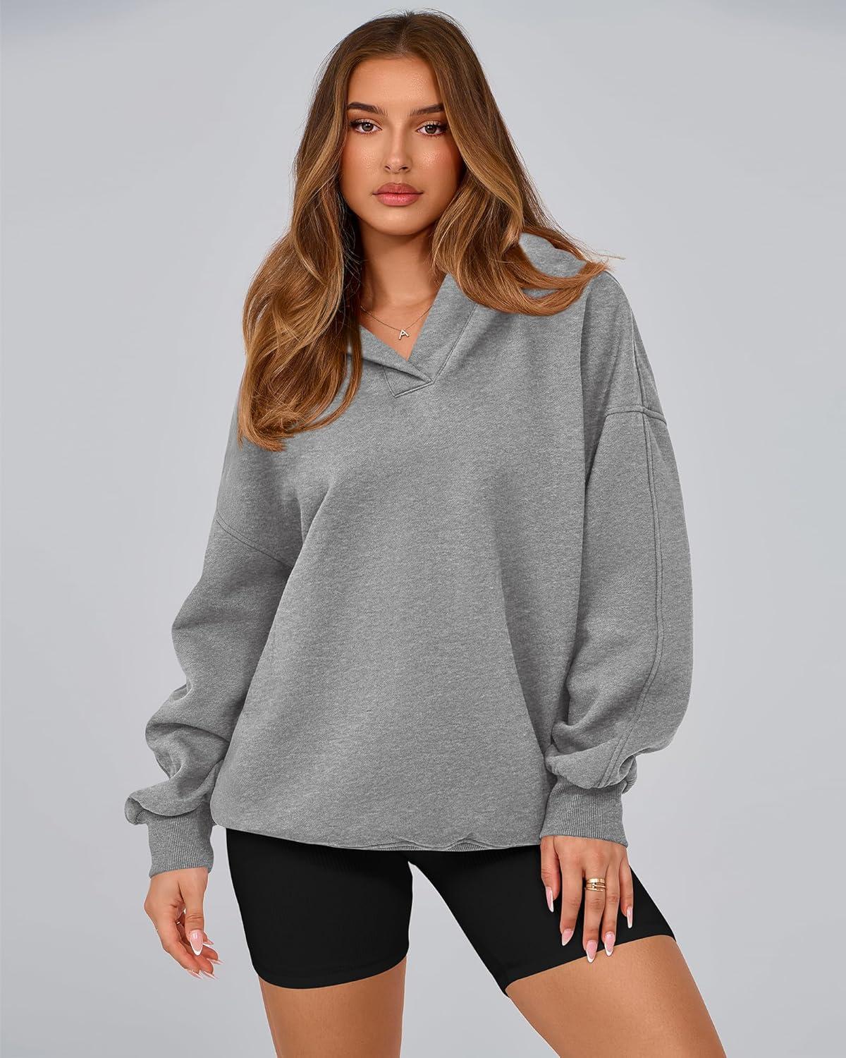 imageBTFBM Womens Oversized Hoodies Casual Fleece Long Sleeve V Neck Sweatshirts 2026 Trendy Fall Outfits Spring ClothesGrey