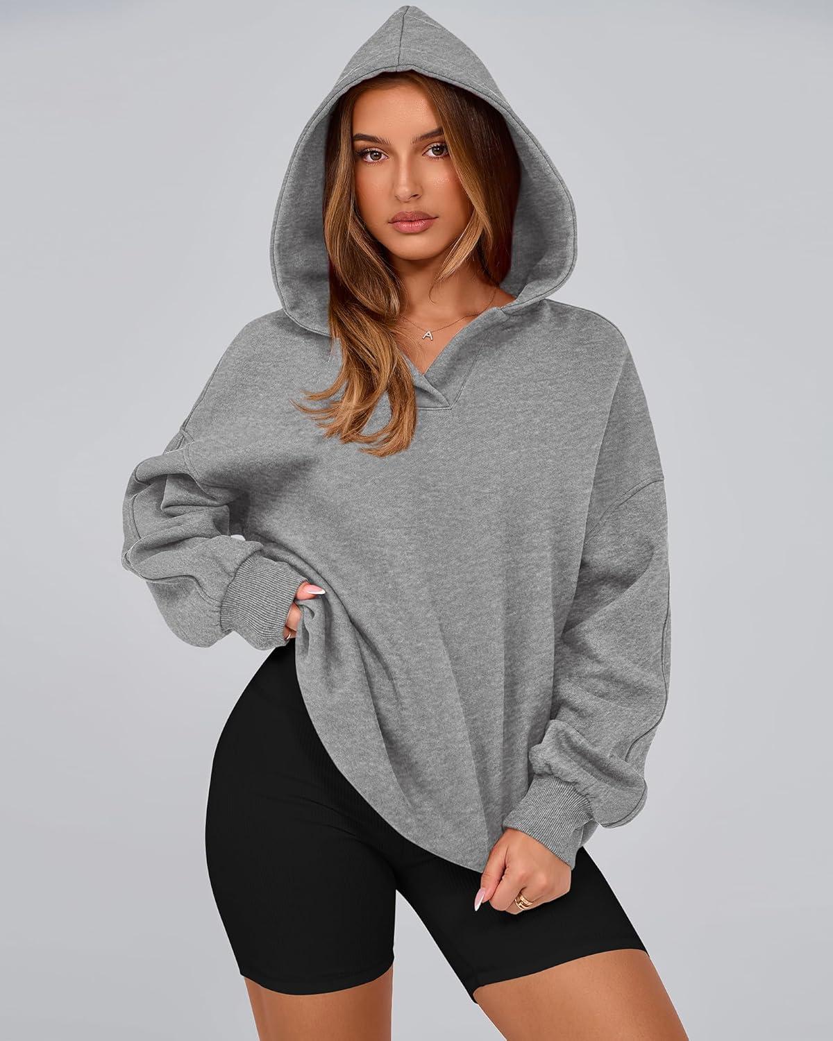 imageBTFBM Womens Oversized Hoodies Casual Fleece Long Sleeve V Neck Sweatshirts 2026 Trendy Fall Outfits Spring ClothesGrey