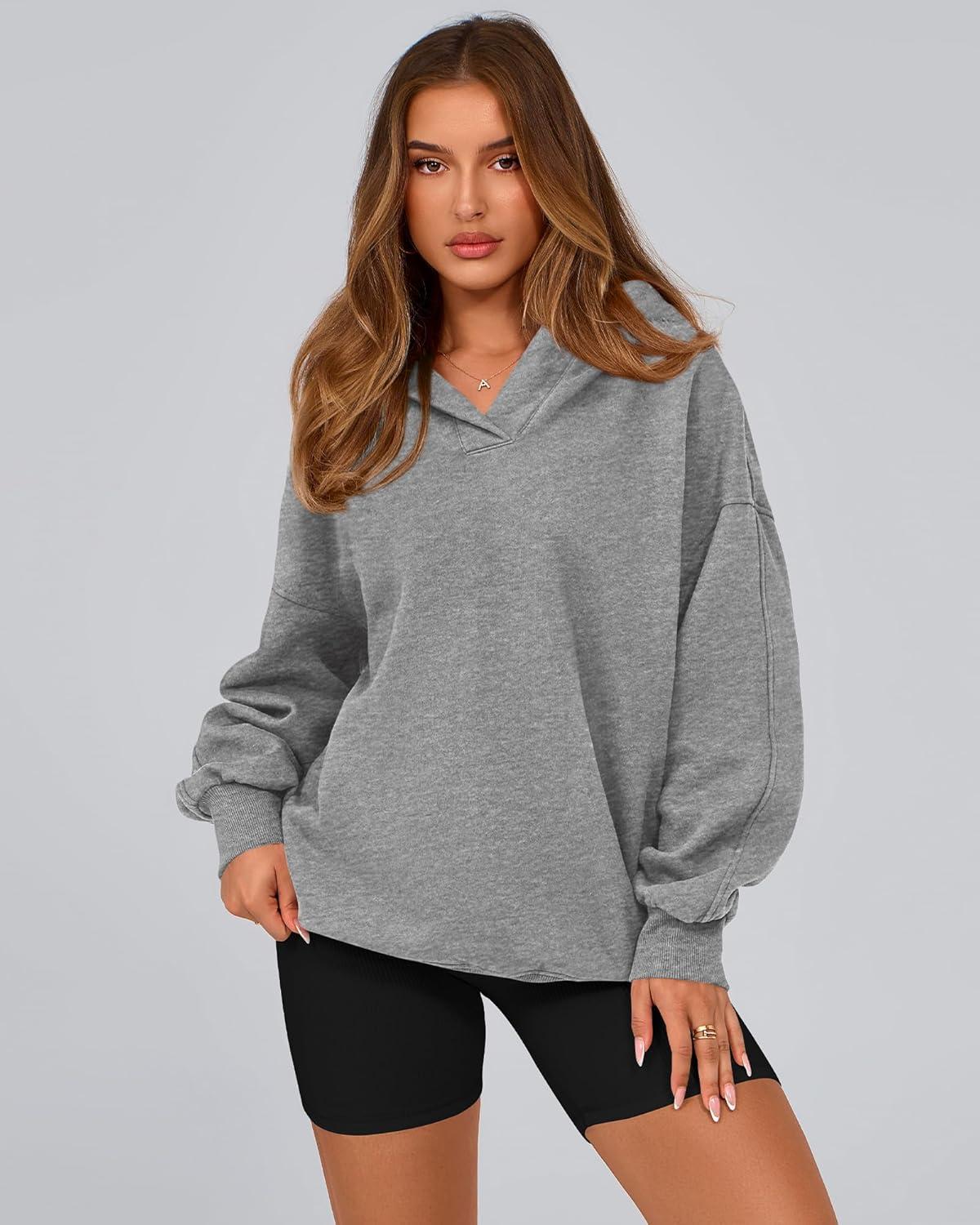 imageBTFBM Womens Oversized Hoodies Casual Fleece Long Sleeve V Neck Sweatshirts 2026 Trendy Fall Outfits Spring ClothesGrey