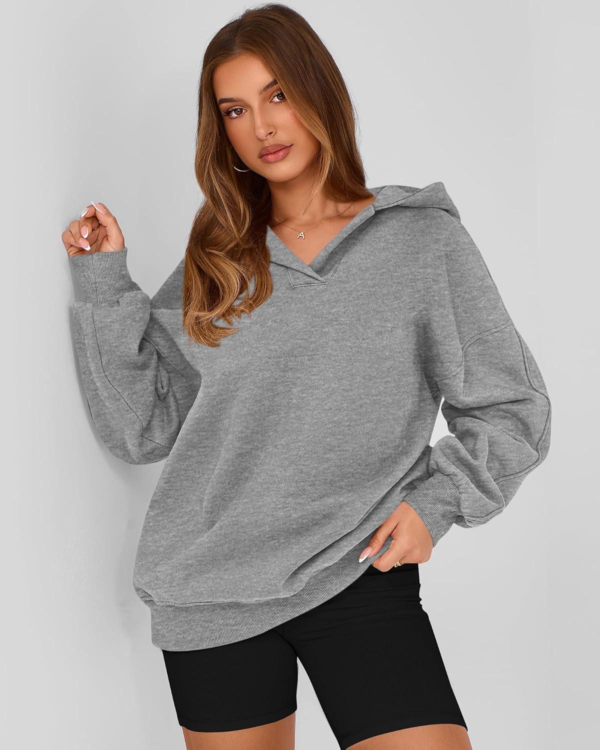 imageBTFBM Womens Oversized Hoodies Casual Fleece Long Sleeve V Neck Sweatshirts 2026 Trendy Fall Outfits Spring ClothesGrey