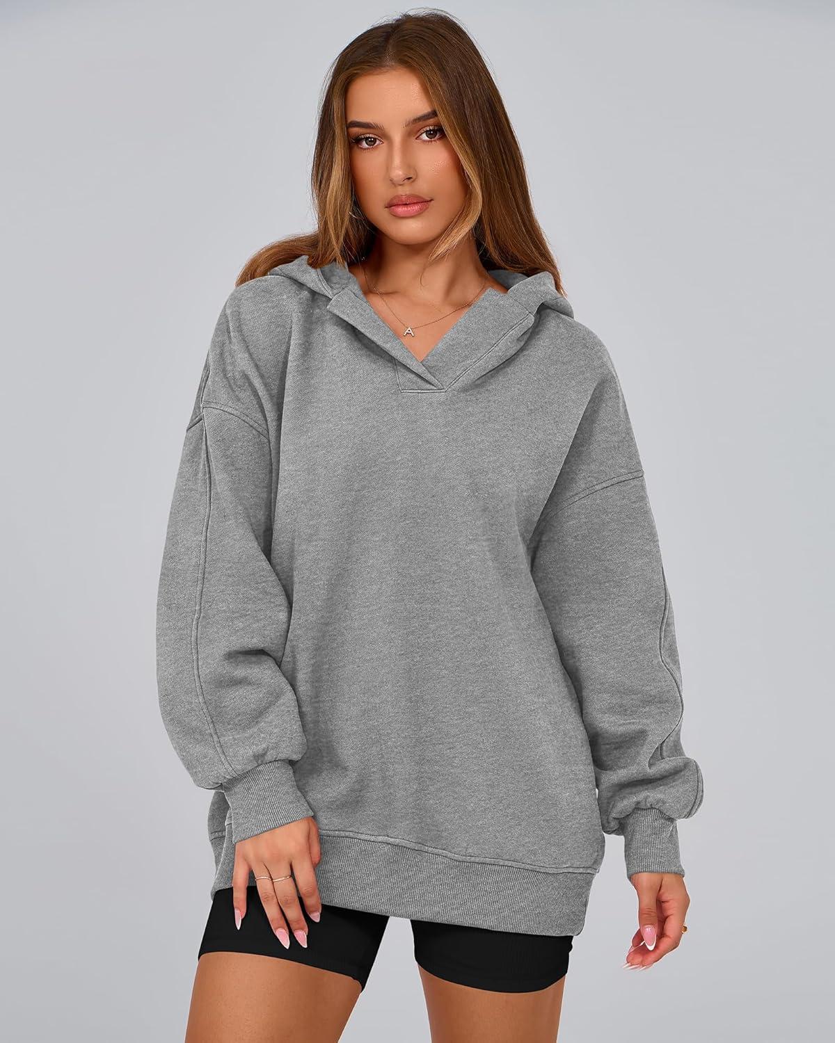 imageBTFBM Womens Oversized Hoodies Casual Fleece Long Sleeve V Neck Sweatshirts 2026 Trendy Fall Outfits Spring ClothesGrey