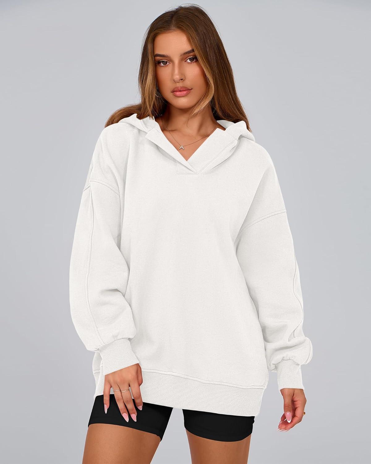 imageBTFBM Womens Oversized Hoodies Casual Fleece Long Sleeve V Neck Sweatshirts 2026 Trendy Fall Outfits Spring ClothesWhite