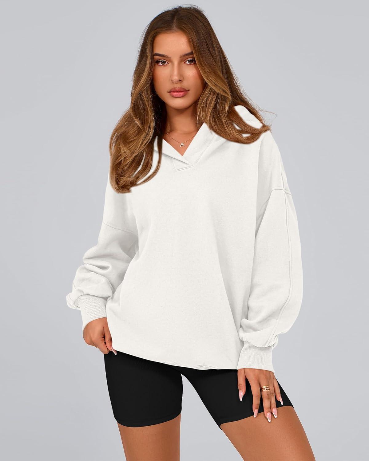 imageBTFBM Womens Oversized Hoodies Casual Fleece Long Sleeve V Neck Sweatshirts 2026 Trendy Fall Outfits Spring ClothesWhite