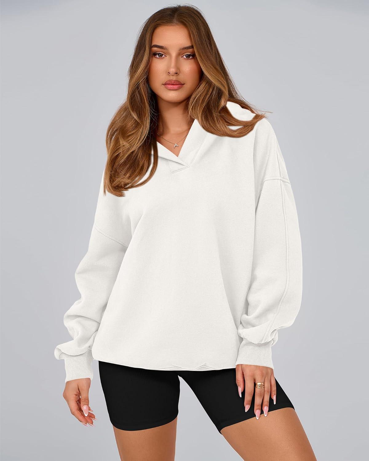 imageBTFBM Womens Oversized Hoodies Casual Fleece Long Sleeve V Neck Sweatshirts 2026 Trendy Fall Outfits Spring ClothesWhite