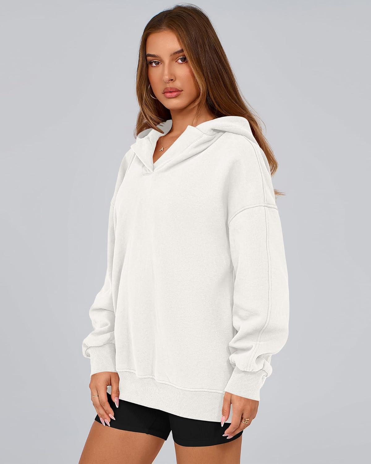 imageBTFBM Womens Oversized Hoodies Casual Fleece Long Sleeve V Neck Sweatshirts 2026 Trendy Fall Outfits Spring ClothesWhite