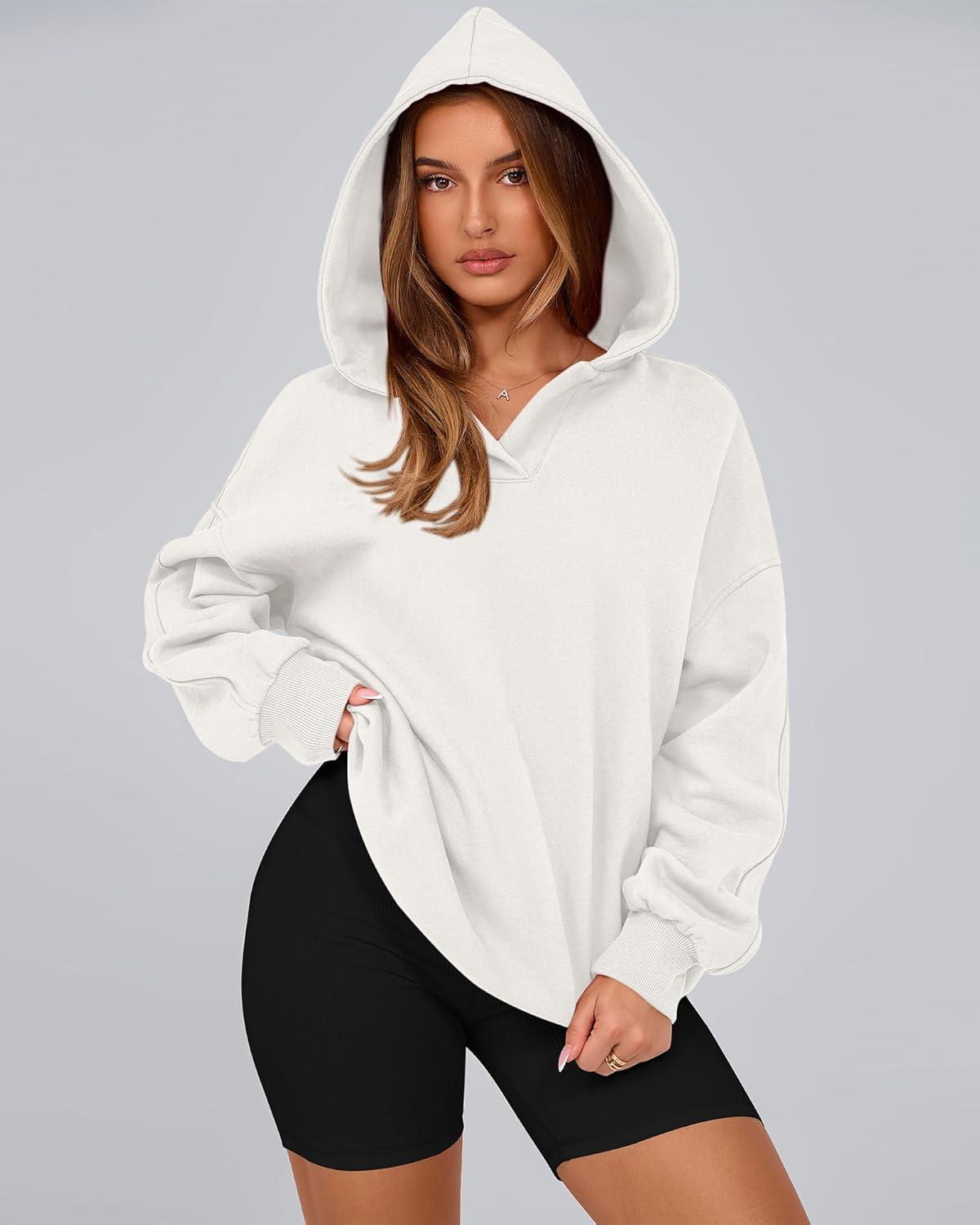 imageBTFBM Womens Oversized Hoodies Casual Fleece Long Sleeve V Neck Sweatshirts 2026 Trendy Fall Outfits Spring ClothesWhite