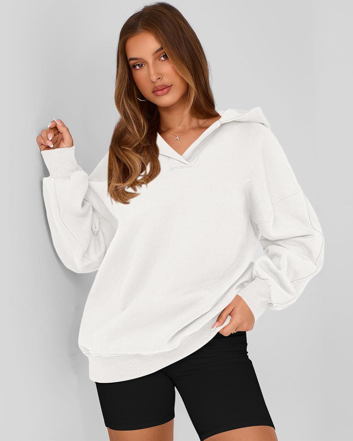 imageBTFBM Womens Oversized Hoodies Casual Fleece Long Sleeve V Neck Sweatshirts 2026 Trendy Fall Outfits Spring ClothesWhite