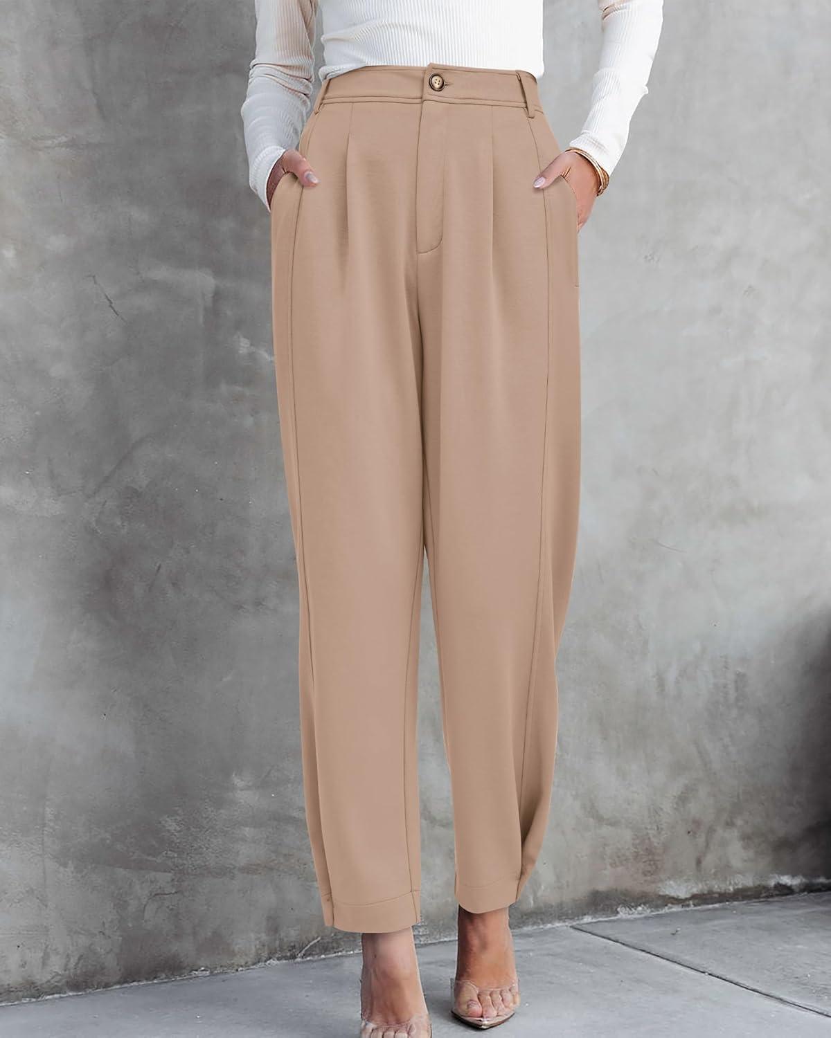 imageBTFBM Womens Pants Spring Fall 2026 Casual High Waist Trousers Tapered Slacks Pockets Dressy Business Work OutfitsBeige