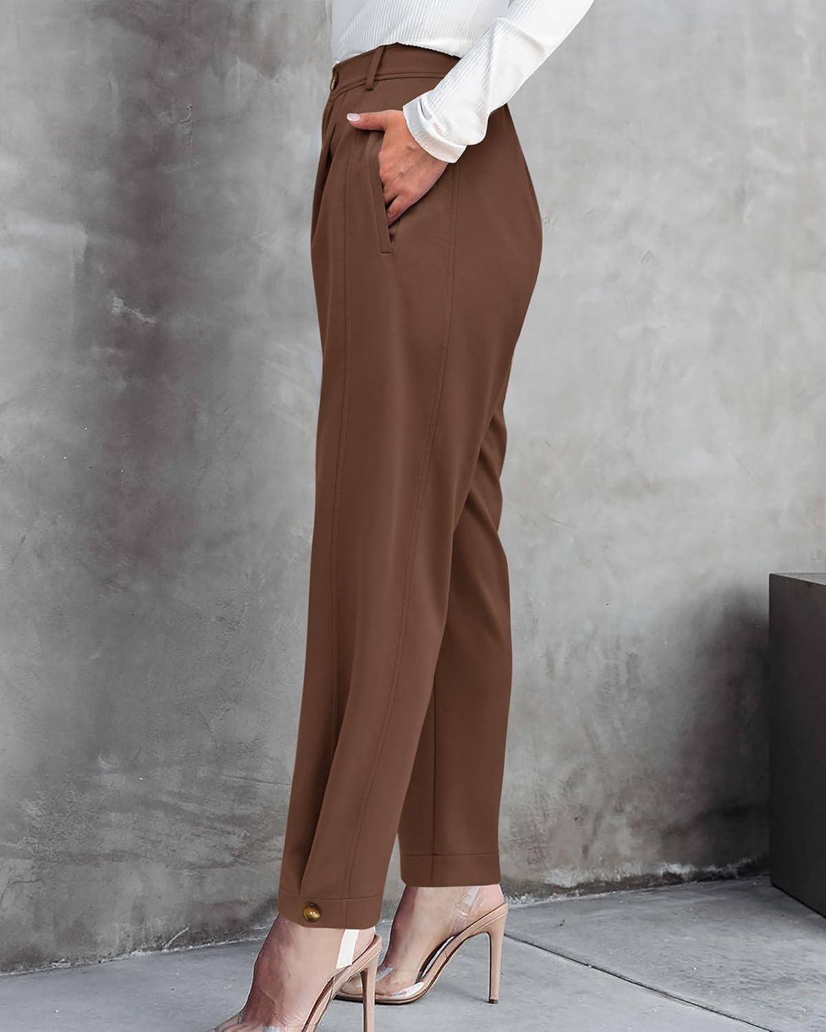 imageBTFBM Womens Pants Spring Fall 2026 Casual High Waist Trousers Tapered Slacks Pockets Dressy Business Work OutfitsBrown