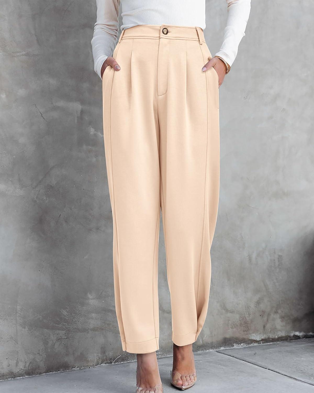 imageBTFBM Womens Pants Spring Fall 2026 Casual High Waist Trousers Tapered Slacks Pockets Dressy Business Work OutfitsCream