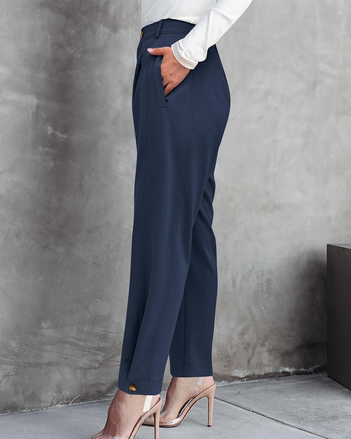 imageBTFBM Womens Pants Spring Fall 2026 Casual High Waist Trousers Tapered Slacks Pockets Dressy Business Work OutfitsDark Blue