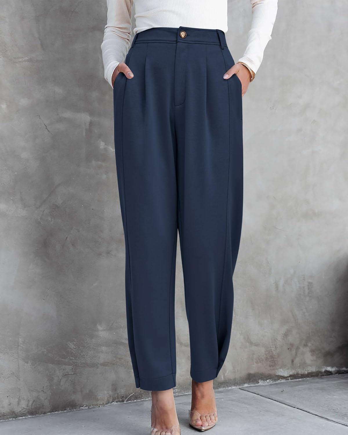 imageBTFBM Womens Pants Spring Fall 2026 Casual High Waist Trousers Tapered Slacks Pockets Dressy Business Work OutfitsDark Blue