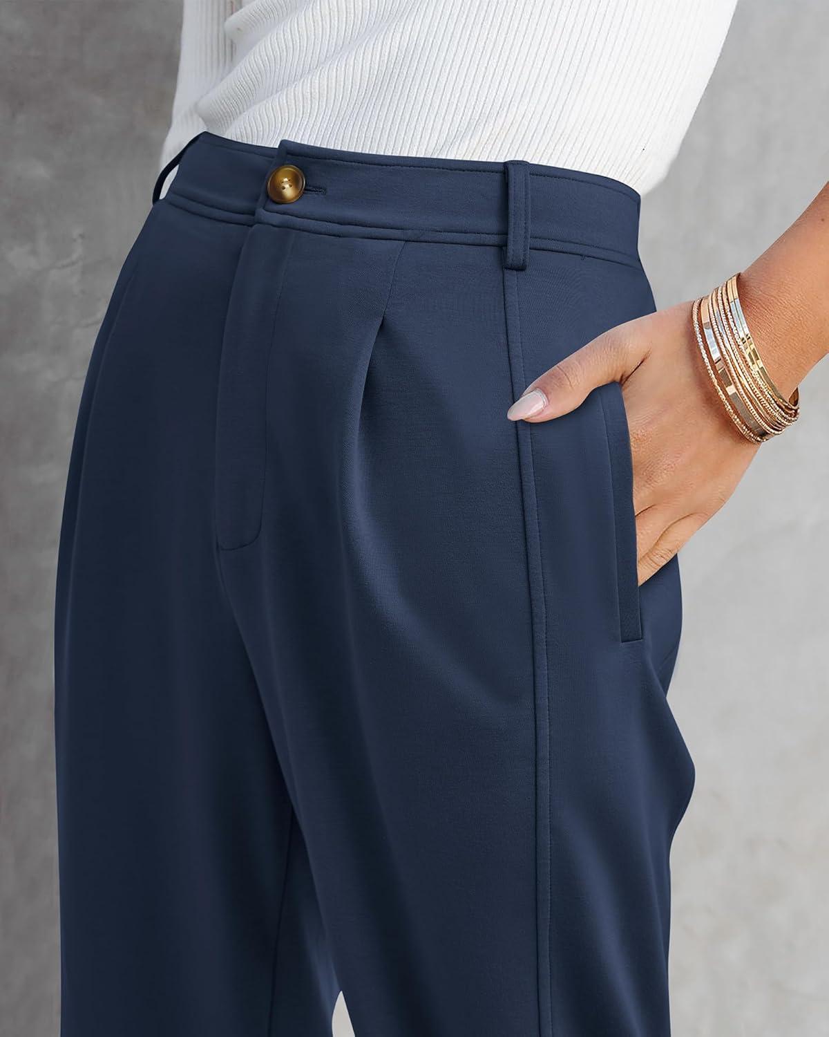 imageBTFBM Womens Pants Spring Fall 2026 Casual High Waist Trousers Tapered Slacks Pockets Dressy Business Work OutfitsDark Blue