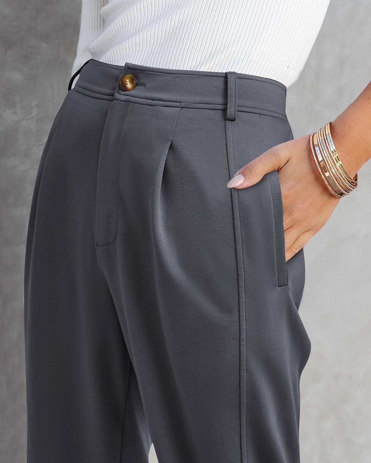 imageBTFBM Womens Pants Spring Fall 2026 Casual High Waist Trousers Tapered Slacks Pockets Dressy Business Work OutfitsDark Grey