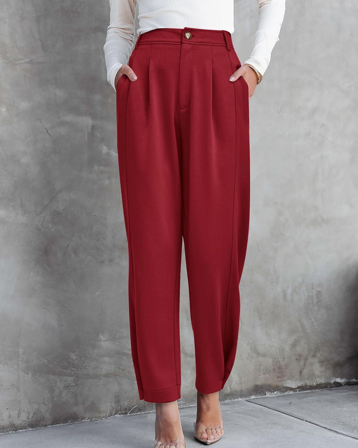 imageBTFBM Womens Pants Spring Fall 2026 Casual High Waist Trousers Tapered Slacks Pockets Dressy Business Work OutfitsWine Red