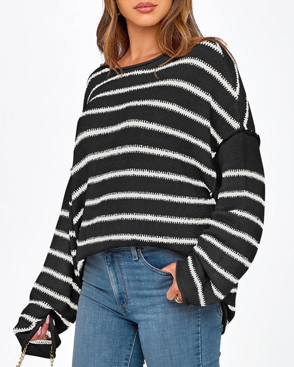 imageBTFBM Womens Striped Knit Sweaters 2026 Spring Fall Boat Neck Off Shoulder Long Sleeve Oversized Casual Pullover TopsStriped Black White