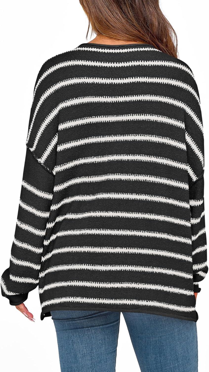 imageBTFBM Womens Striped Knit Sweaters 2026 Spring Fall Boat Neck Off Shoulder Long Sleeve Oversized Casual Pullover TopsStriped Black White