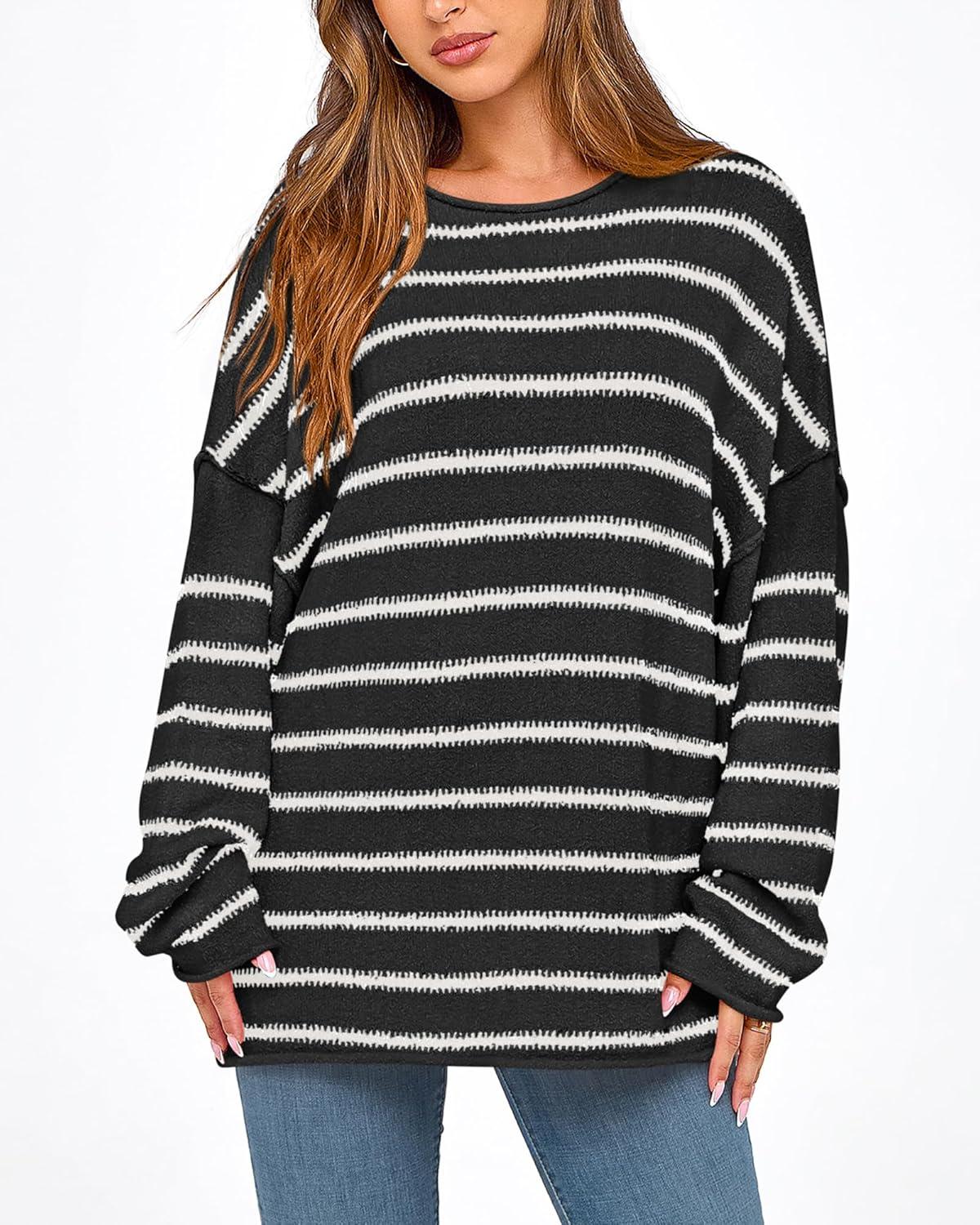 imageBTFBM Womens Striped Knit Sweaters 2026 Spring Fall Boat Neck Off Shoulder Long Sleeve Oversized Casual Pullover TopsStriped Black White