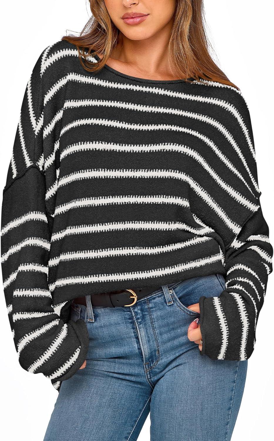 imageBTFBM Womens Striped Knit Sweaters 2026 Spring Fall Boat Neck Off Shoulder Long Sleeve Oversized Casual Pullover TopsStriped Black White