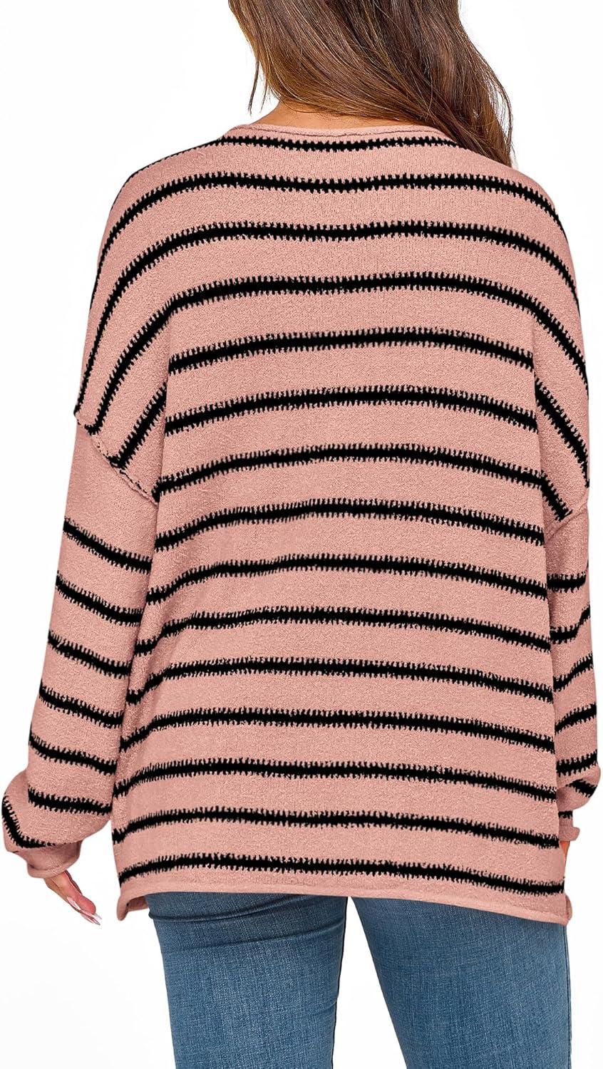 imageBTFBM Womens Striped Knit Sweaters 2026 Spring Fall Boat Neck Off Shoulder Long Sleeve Oversized Casual Pullover TopsStriped Pink Black