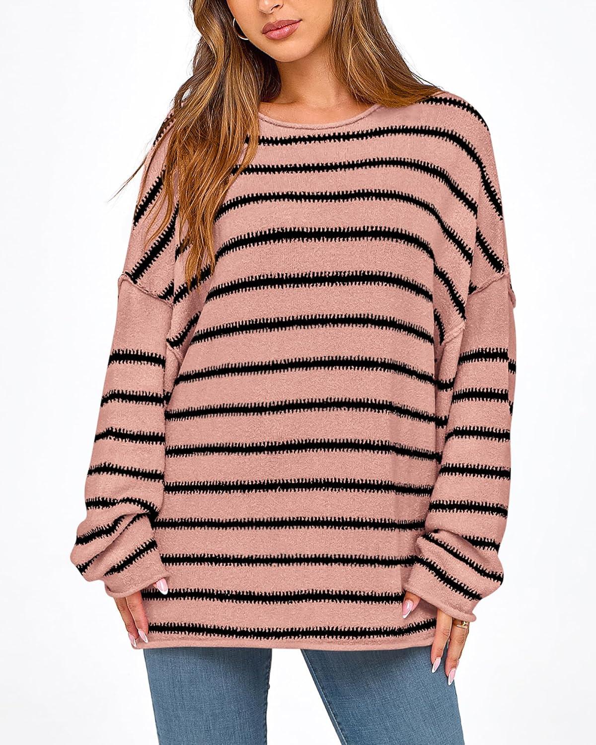 imageBTFBM Womens Striped Knit Sweaters 2026 Spring Fall Boat Neck Off Shoulder Long Sleeve Oversized Casual Pullover TopsStriped Pink Black