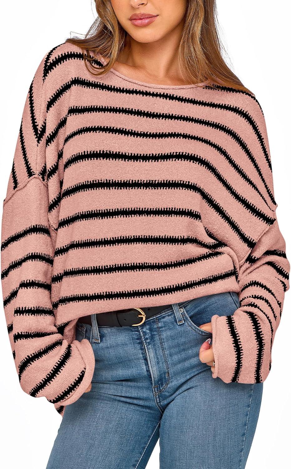 imageBTFBM Womens Striped Knit Sweaters 2026 Spring Fall Boat Neck Off Shoulder Long Sleeve Oversized Casual Pullover TopsStriped Pink Black